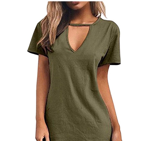 NWT•L-1X•Olive Choker V-Neck Soft Mini Dress/Tee•NEW - Picture 2 of 13